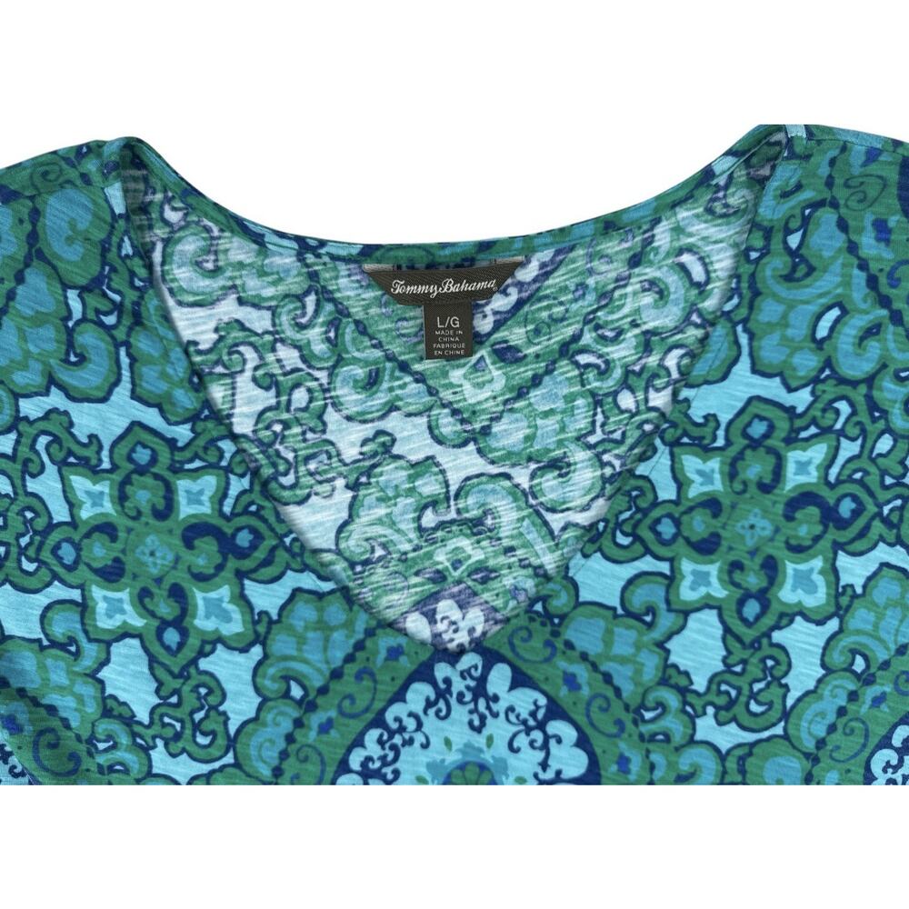 TOMMY BAHAMA Dress Batik Print Knit Green Blue Cap Sleeve Drawstring Waist Large - Picture 2 of 10